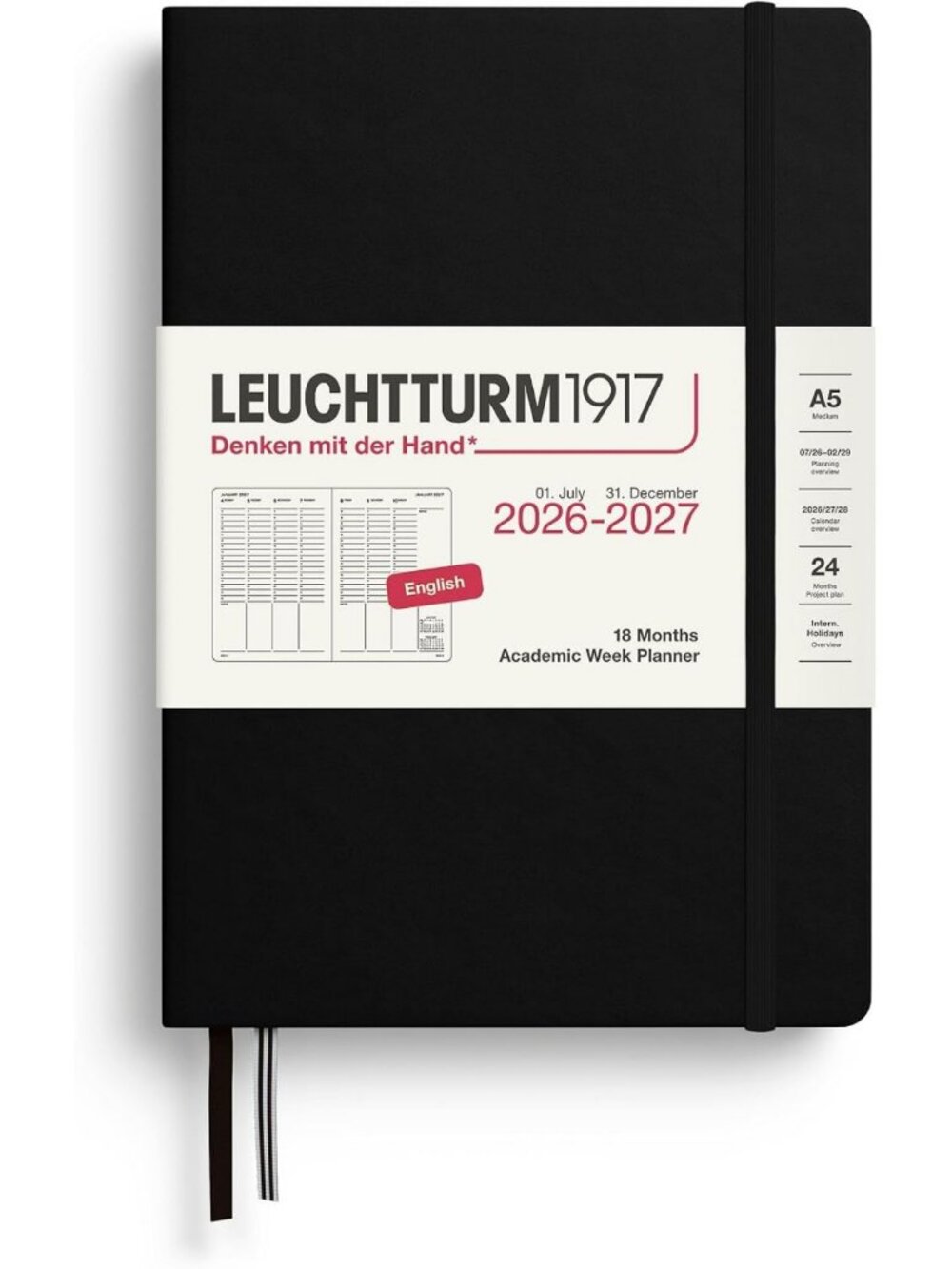 Academic Week Planner A5 Hardcover, 18-Month, July 2026 - Dec 2027, Black